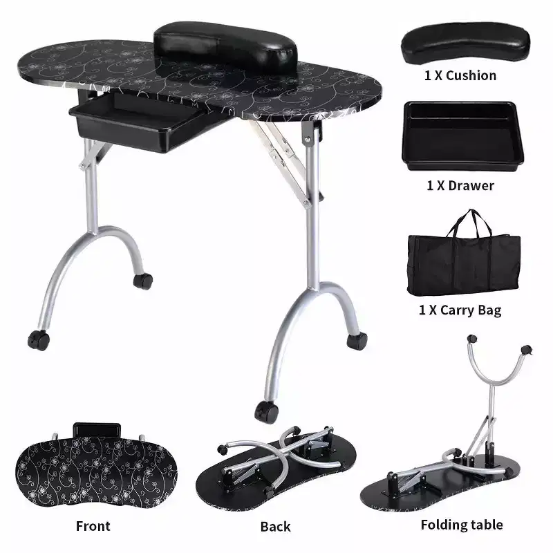 Costway Black Manicure Nail Table Portable Station Desk Spa Beauty Salon Equipment