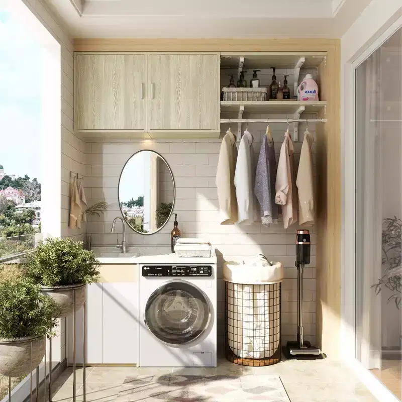 Besiost Laundry Room Organizer Cabinet with Hanging Rods, Adjustable Shelves, Clothes Rack with Doors