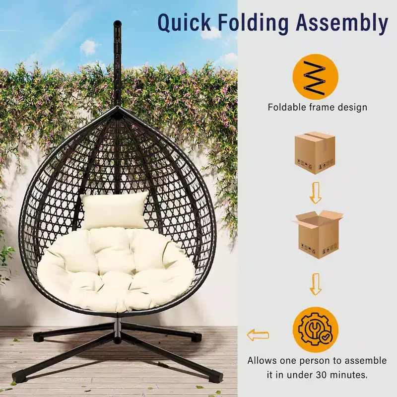 GDFStudio Anderson Hanging Egg Rattan Chair with Stand and Soft Removable Cushion