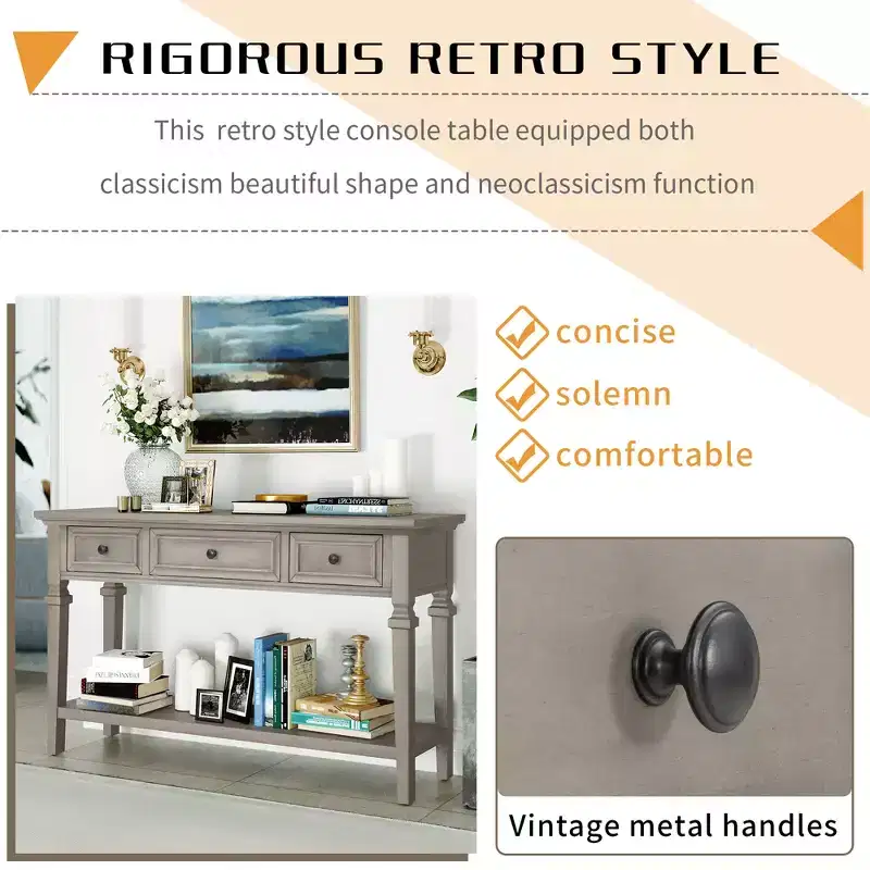 Whisen Classic Retro Style Console Table with 3-Top Drawers and Open Shelf