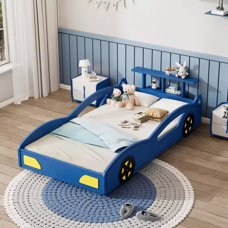 Twin Wooden Race Car Bed & Car-Shaped Platform Bed Frame with Wheels