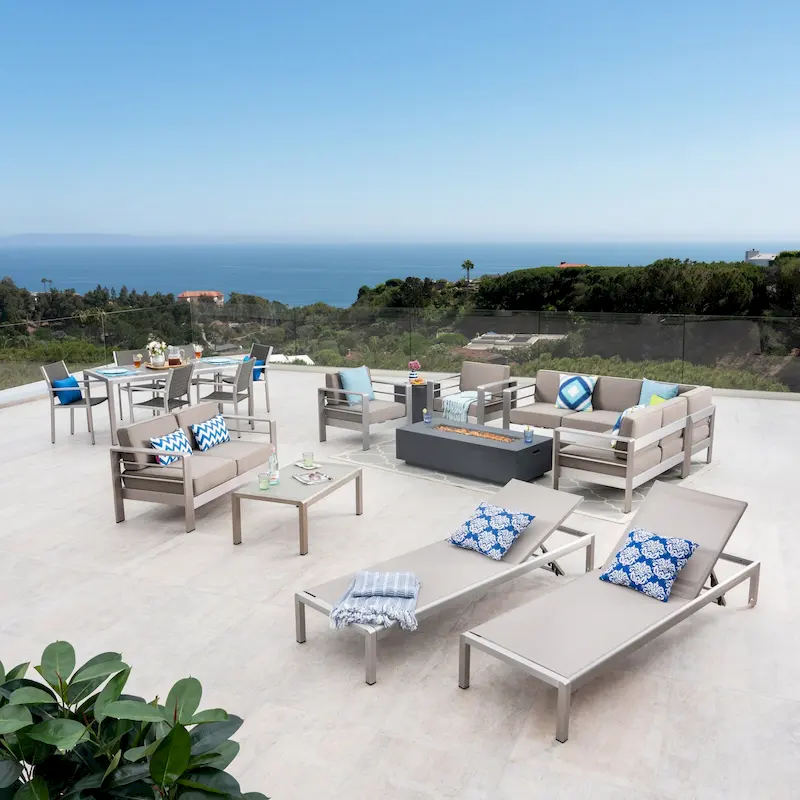 Cape Coral 7 Piece Dining Set and Sofa Set and 4pc Chat Set and Fire Pit and 2 Chaise Lounges by Christopher Knight Home