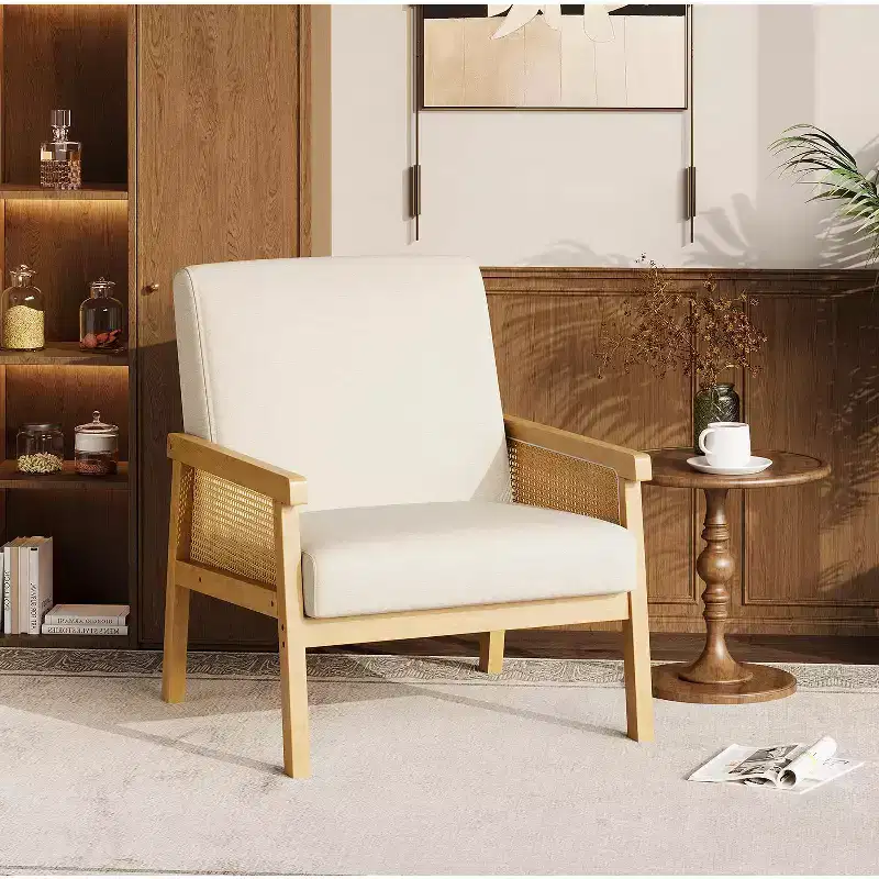 Modern Rattan Accent Chair with High Back Wood Frame, Upholstered Boucle or Faux Leather Armchair for Living Room Bedroom Reception, White Brown