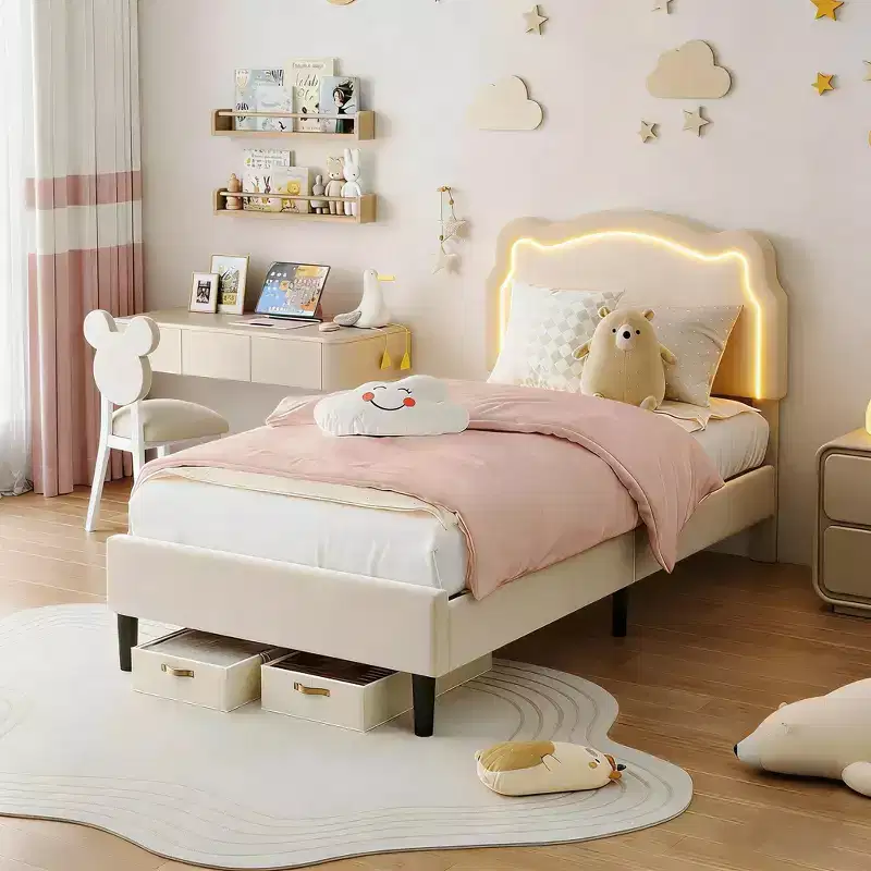 Twin Upholstered LED Bed Frame with Headboard for Kids