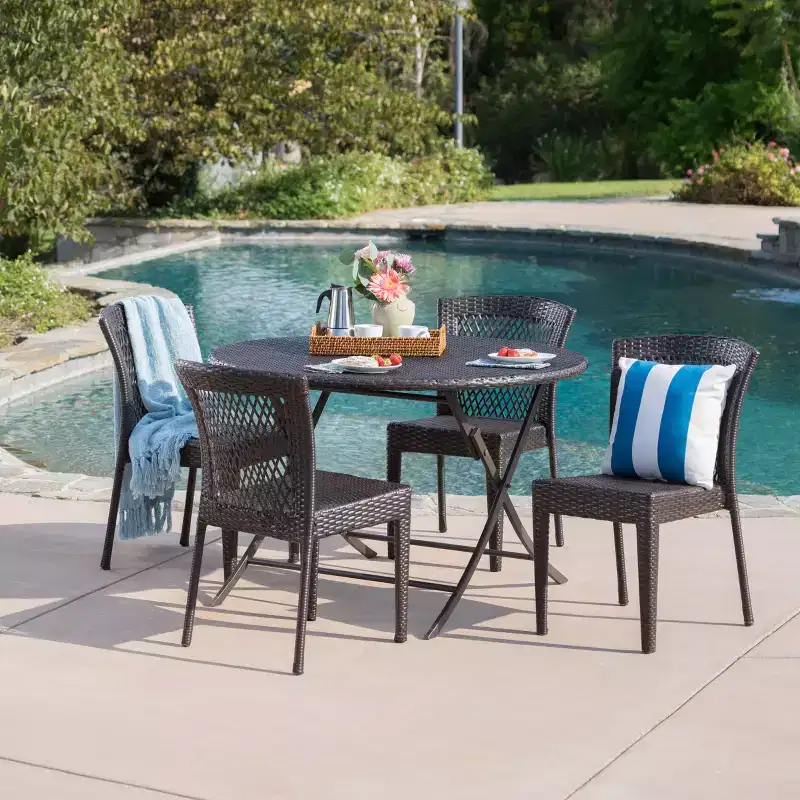Rai 5pc Wicker Dining Set: Brown Patio Dining, Weather-Resistant, Wrought Iron Frame, Stackable Chairs, Circular Table