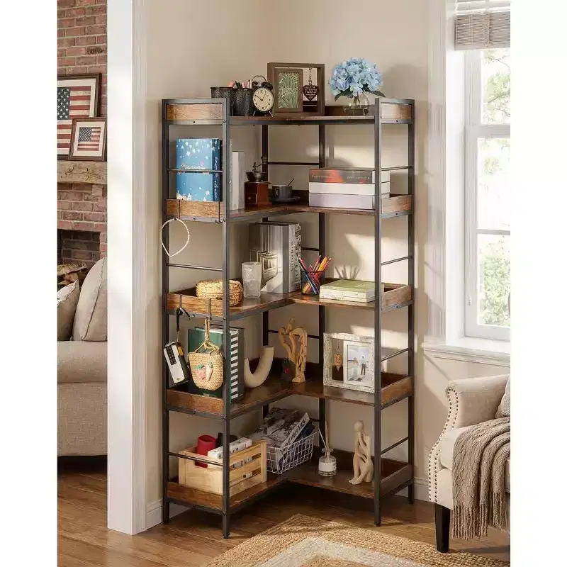 65-Inch 5-Tier Industrial Bookshelf with 4 Hooks and Metal Frame
