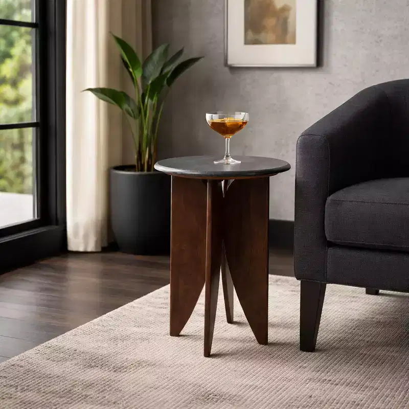 Mango Wood Base and Stone Top for Small Spaces - Round End and Side Table for Living Room, Room and Bedroom Decor - 24, Black & Brown