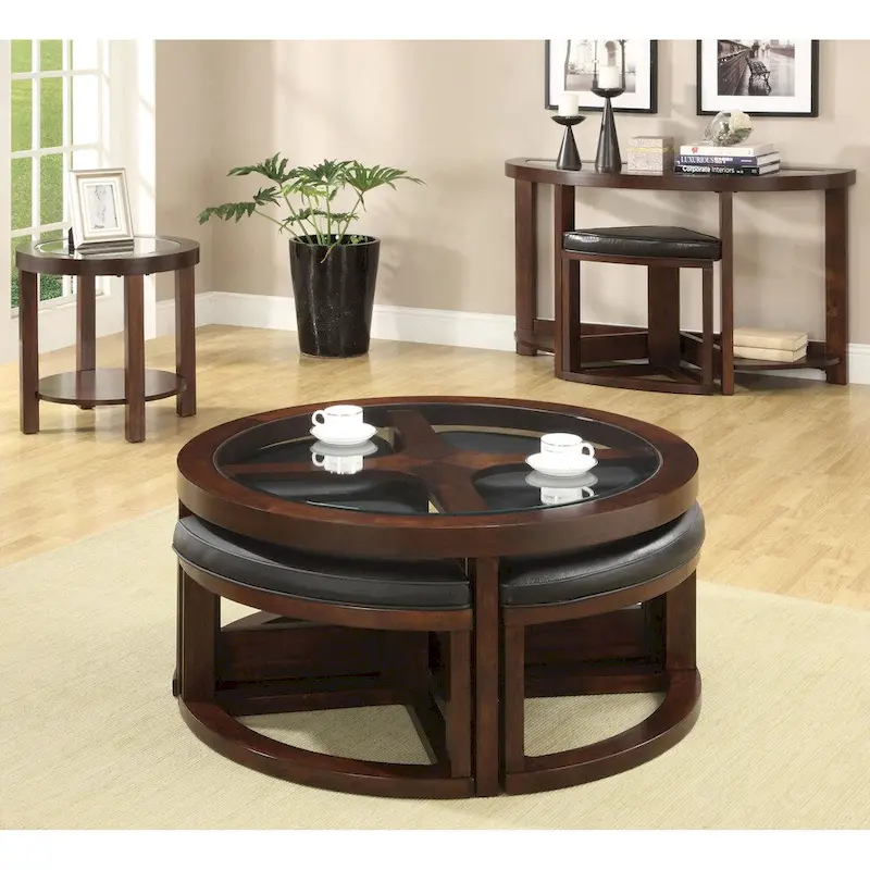 Kame Transitional Walnut 40-inch Glass Top 5-Piece Coffee Table with Ottomans by Furniture of America