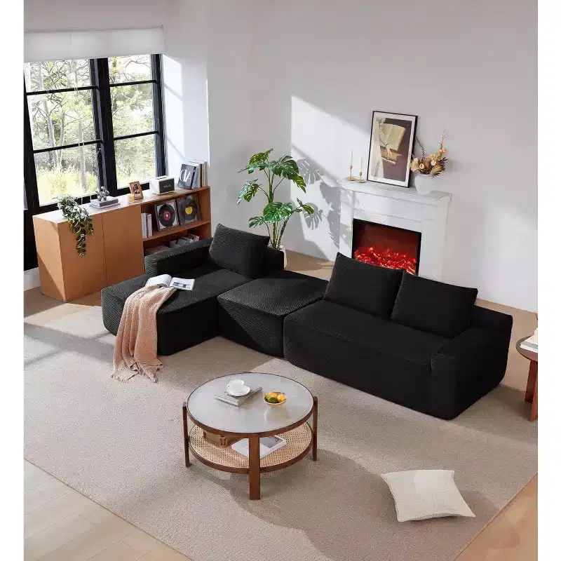 MooxvMoo 106 U-Shaped Cloud Sectional Sofa, Modern Modular Couch with Deep Seat, Corduroy Fabric, No Assembly, Black