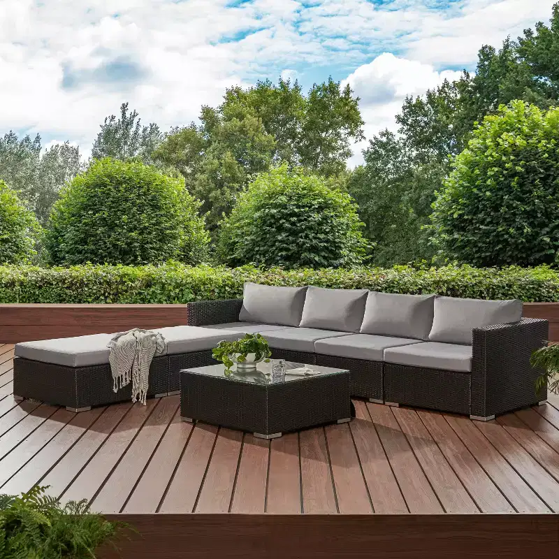Christopher Knight Home Luther 7 Piece Patio Wicker Rattan and Aluminum Frame Sectional Conversation Set with Coffee Table and Cushions