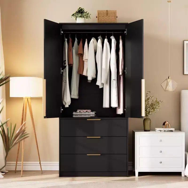 Wardrobe Closet, 69.5 Wooden Wardrobe Cabinet with 3 Drawers, Hanging Rod, 2 Rattan Doors Clothing Storage Cabinet for Bedroom, Large Capacity