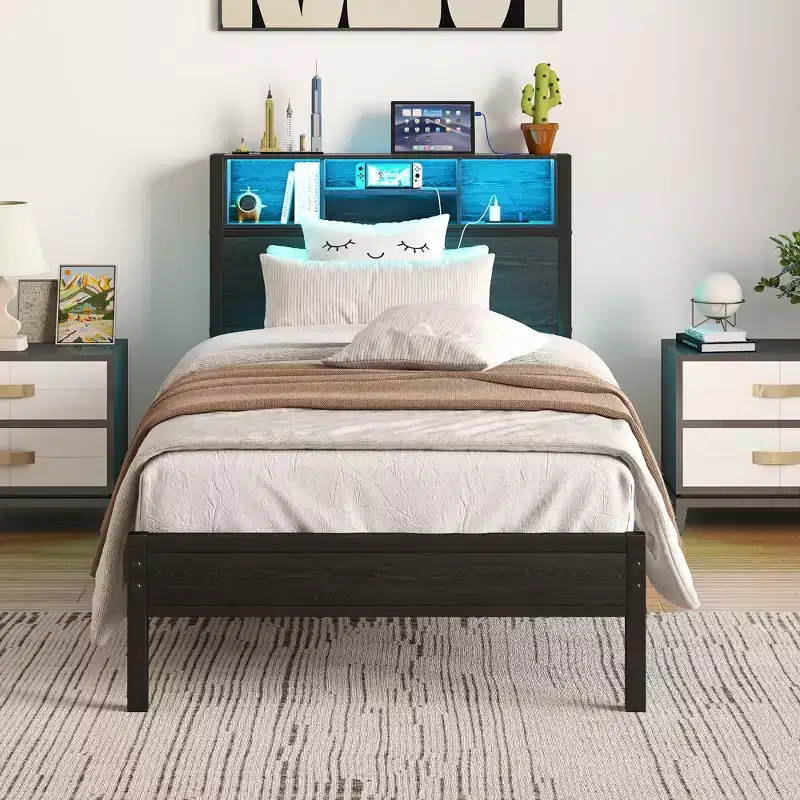 Modern Twin Size Metal Platform Bed Frame with Storage Headboard, Charging Station and LED Lights