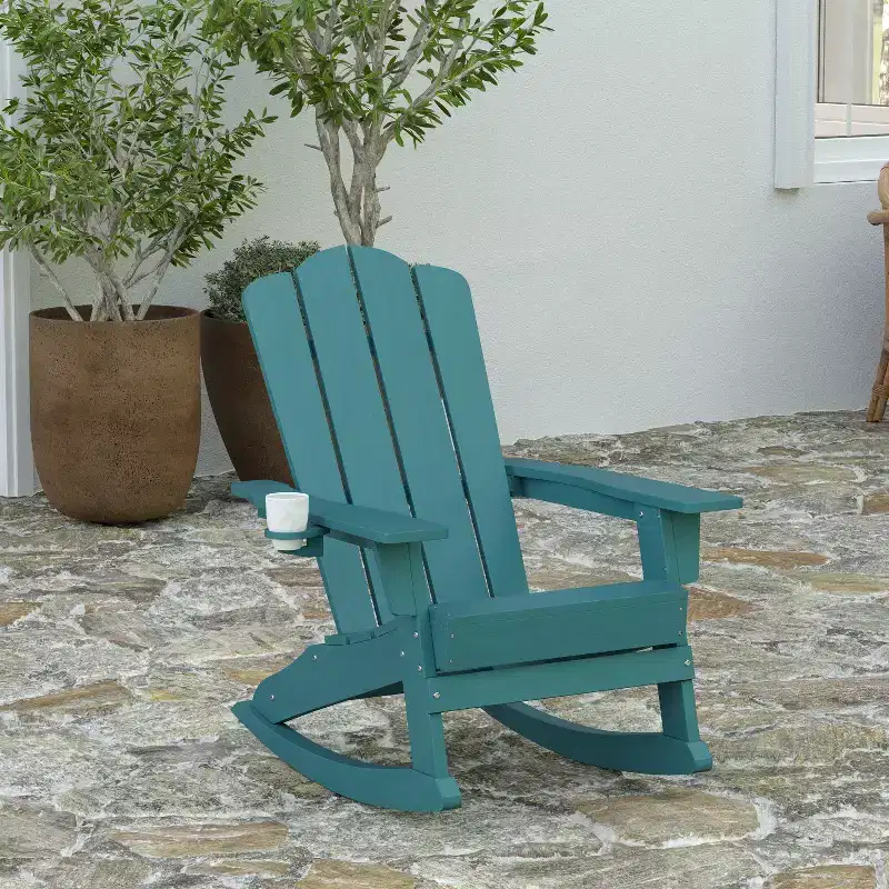 Merrick Lane Adirondack Rocking Chair with Cup Holder, All-Weather HDPE Indoor/Outdoor Chair