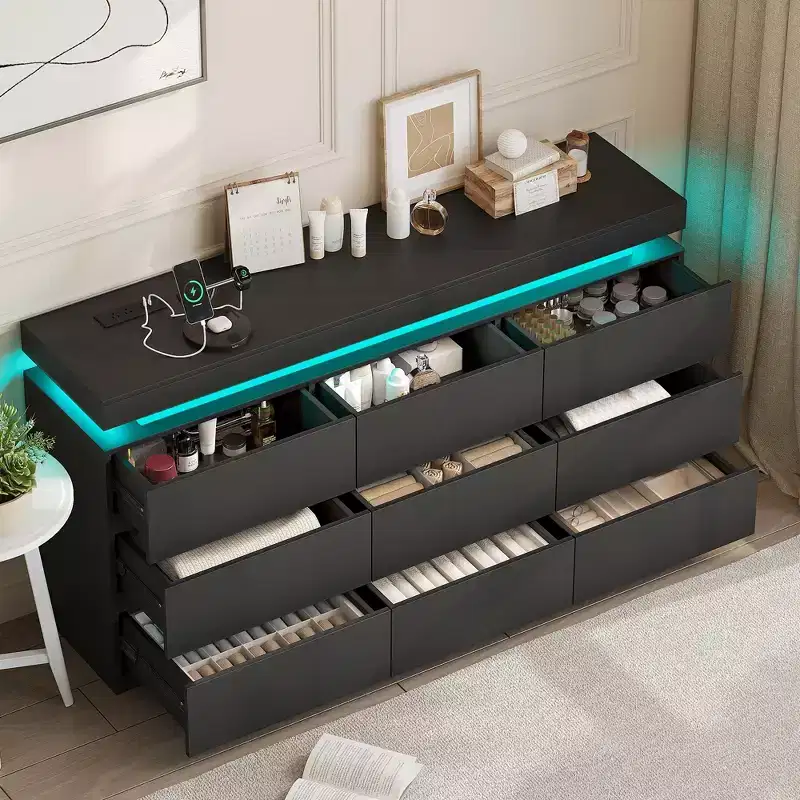 Modern 9-Drawer Dressing Table with Sliding Top, Featuring Drawers, Organizer for Bedroom, Closet, and Living Room