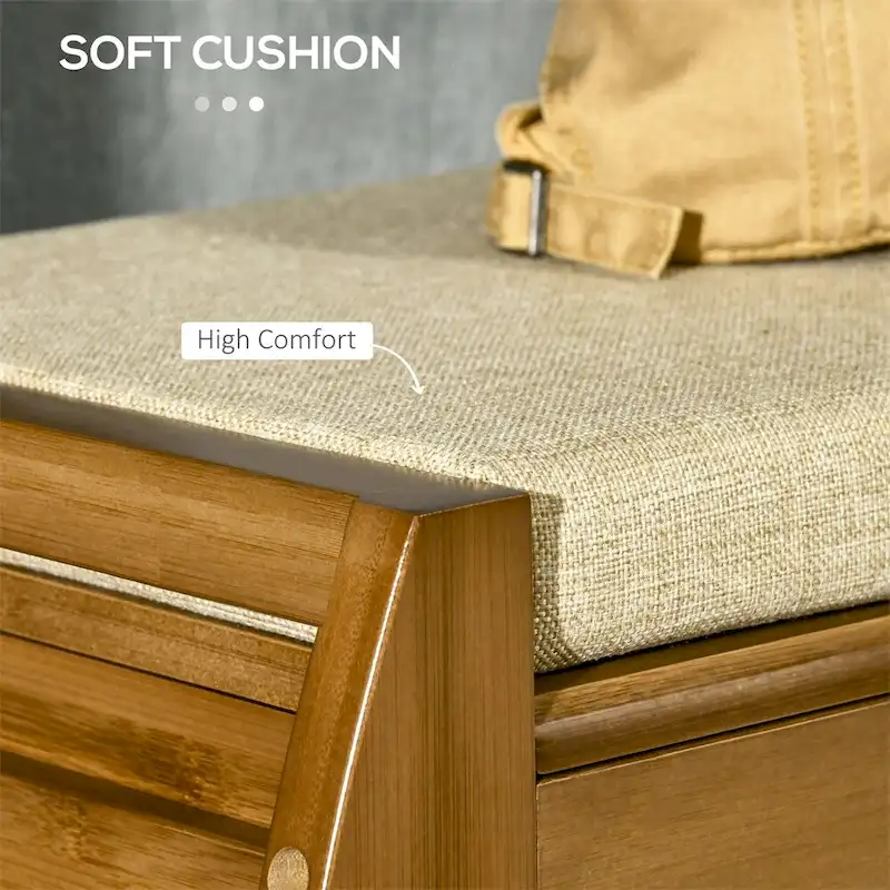 Bamboo Shoe Bench with Seating Cushion and Hidden Compartment