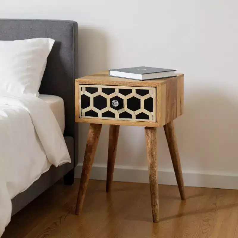 HomeRoots 20 Black White And Brown Solid Wood Geometric Bone Inlay One Drawer Nightstand