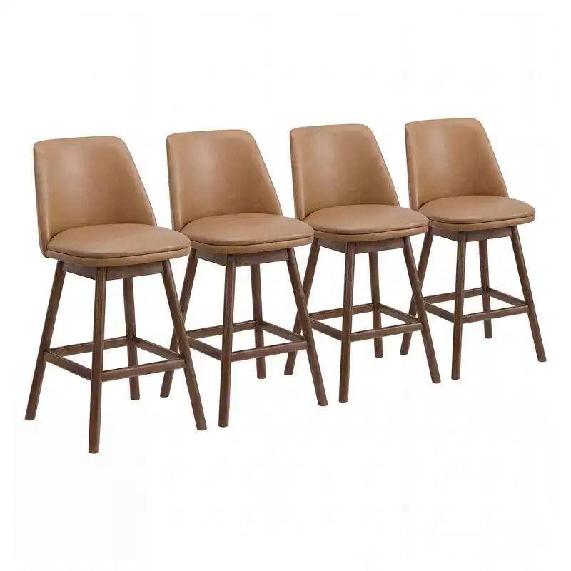 26 Swivel Counter Stool, Walnut Finish & Brown Leather, 4 Pack