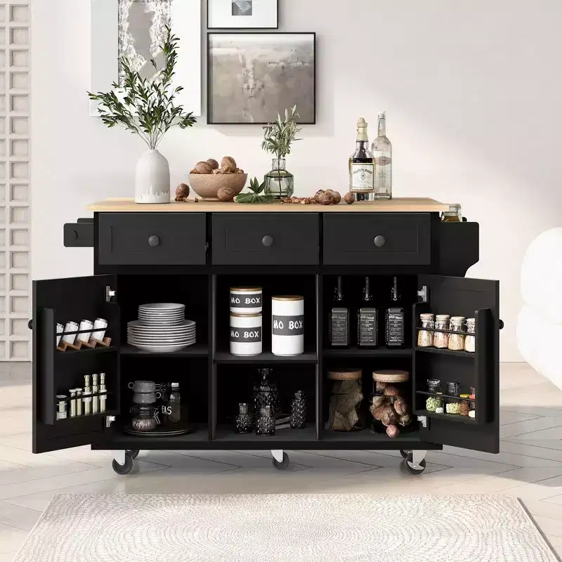 Kitchen Island With Storage Cabinet & 3 Drawers Kitchen Cart With Rubber Wood Drop-Leaf Countertop Cabinet Storage Racks For Dining Room, Black