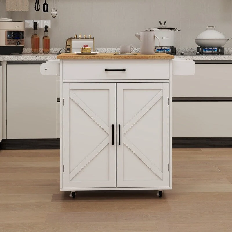 Kitchen Island Rolling Trolley Cart with Adjustable Shelves & Rubber Wood table top