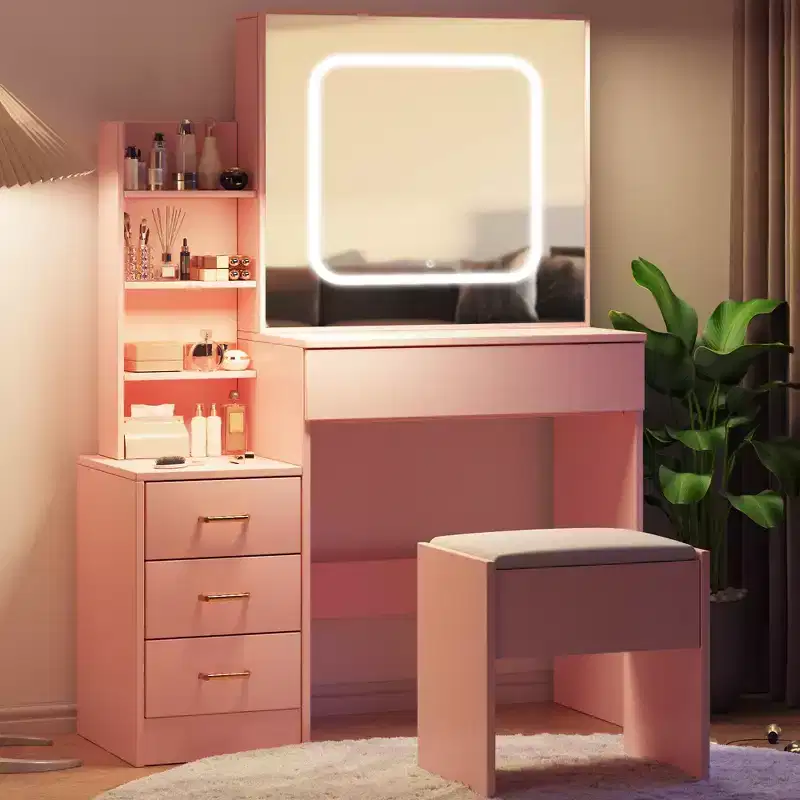 Vanity Set with Sliding LED Mirror, 4 Drawers, Power Outlet, Storage Shelves, Open Shelf, Cushioned Stool, Makeup Dressing Table for Bedroom, Pink