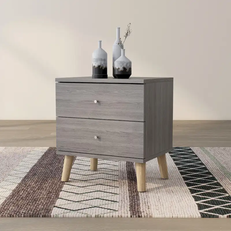 Mid-Century Modern Distressed Grey 2-Drawer Nightstand with Knobs