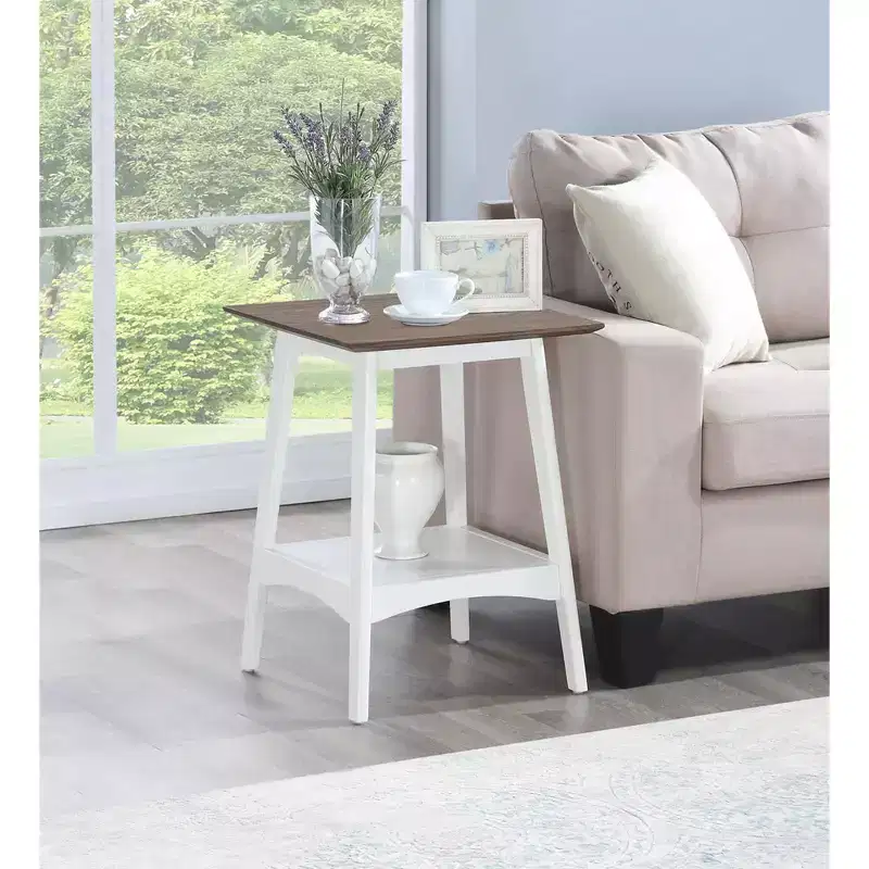 Mid-Century Modern End Table with Open Shelf, MDF Veneer Top and Rubberwood Legs
