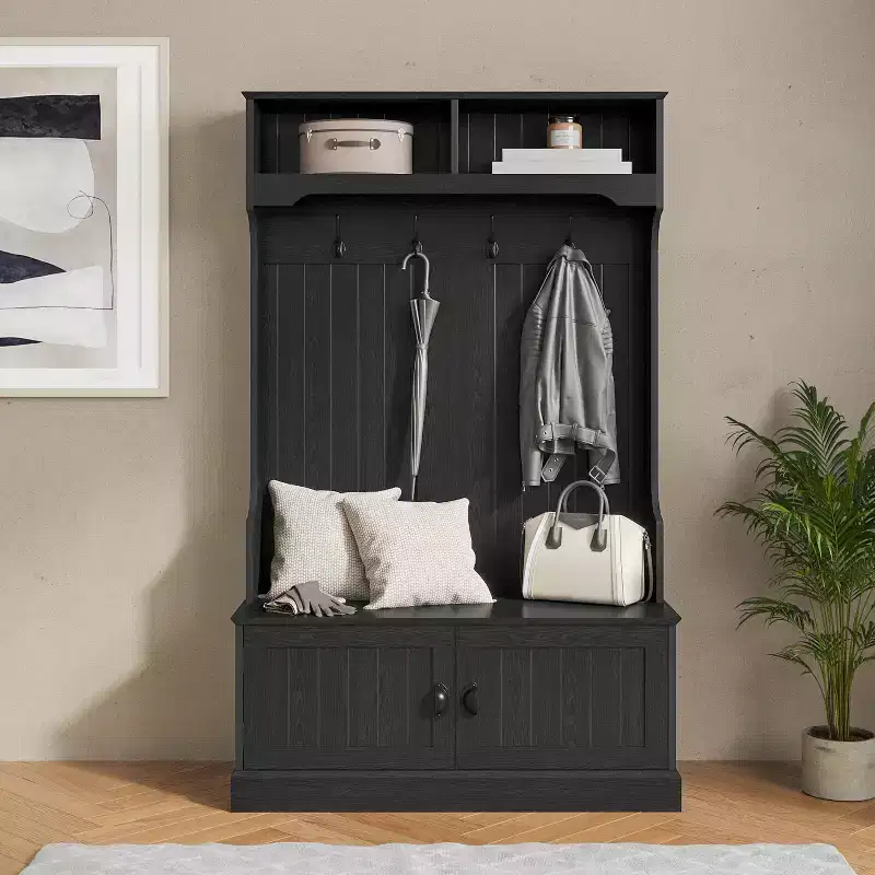 Flash Furniture Fraser Hall Tree with Double Door Storage Bench, Coat Rack with 4 Double Hooks, and 2 Upper Storage Cubbies