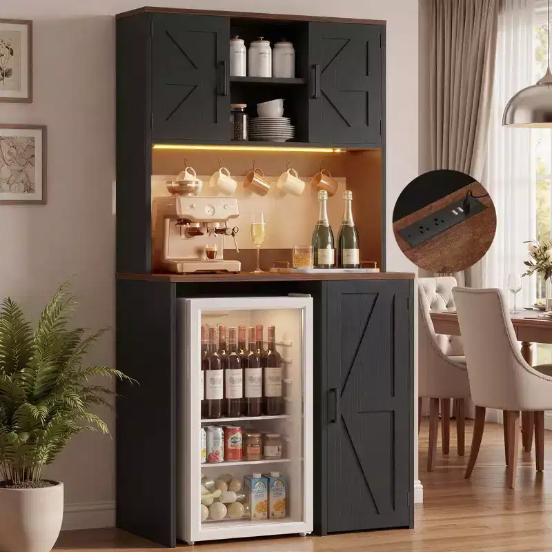 Kitchen Pantry Cabinet with Mini Fridge Space, Coffee Bar Cabinet with Storage Shelf