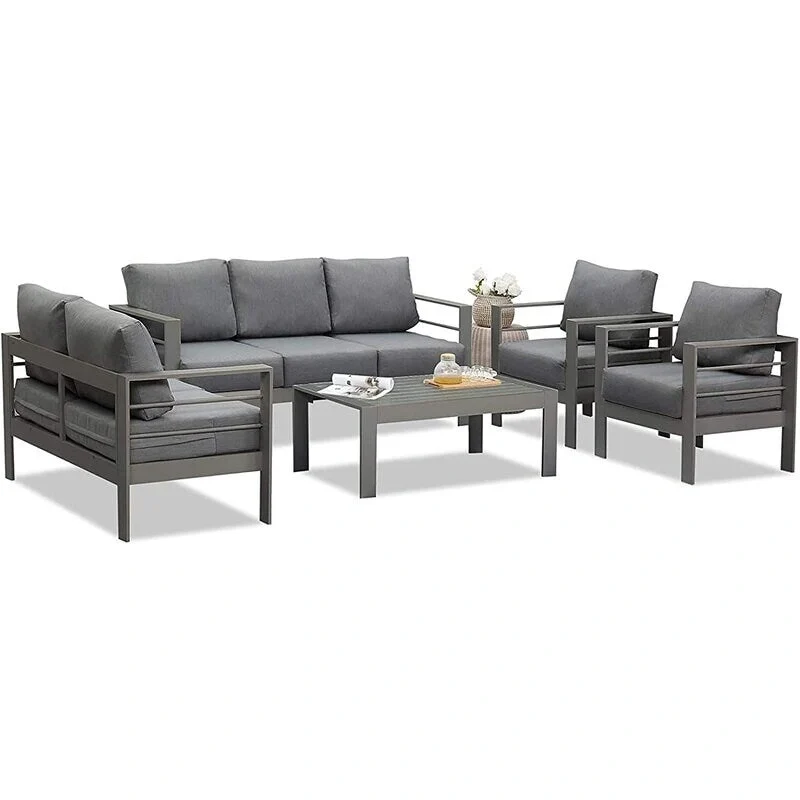 5-Pieces Aluminum Conversation Set Modern Grey Metal sectional Sofa with Dark Grey Cushions - 73x26x32