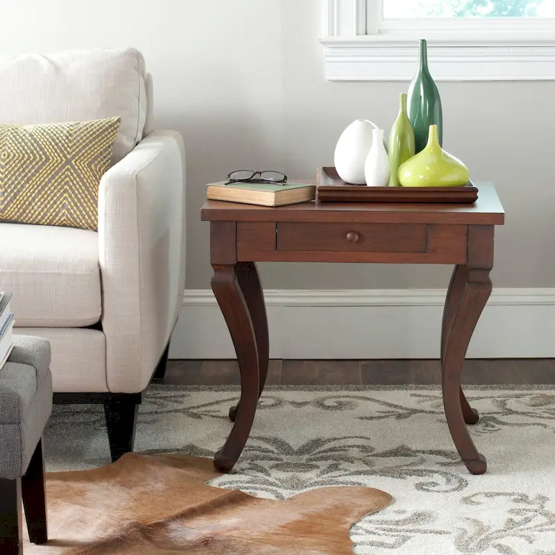 Brown 1-Drawer Side Table with Cabriole Legs for 1 Person