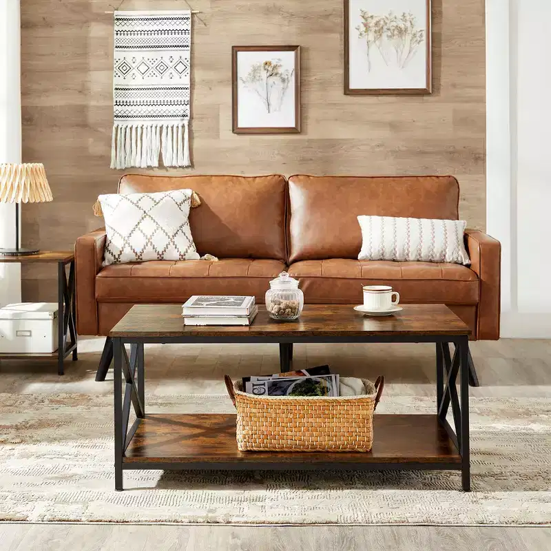 VASAGLE Coffee Table Cocktail Table with Storage Shelf and X-Shape Steel Frame Rustic Brown and Black