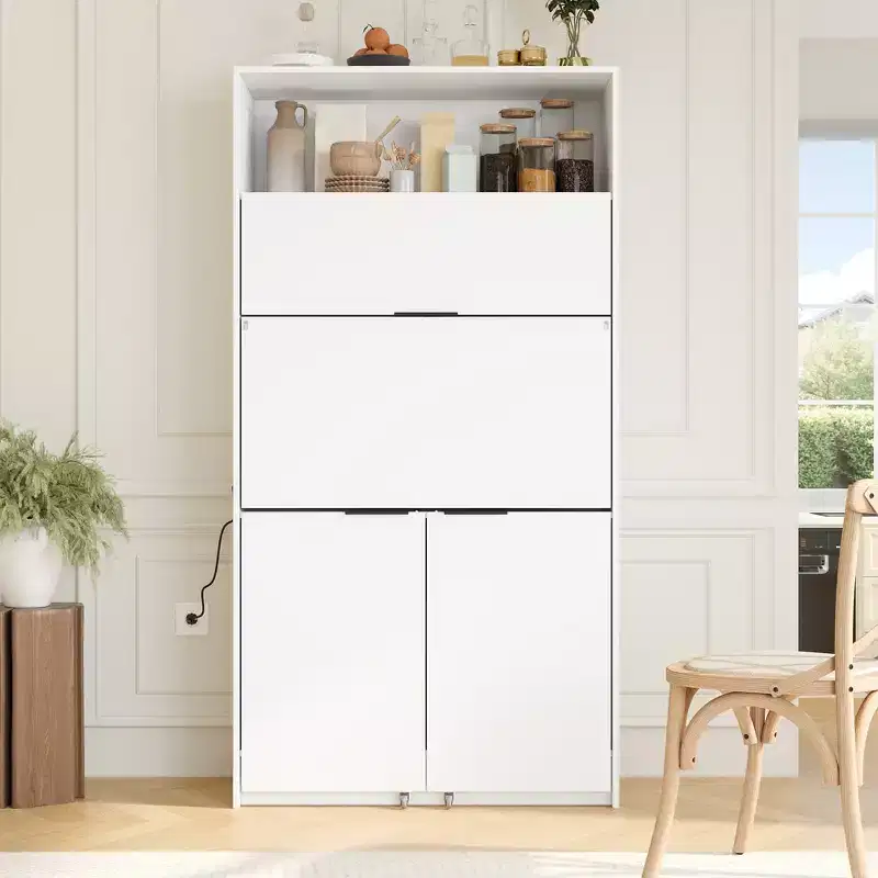 GDFStudio Miguel Versatile Kitchen Pantry with Hutch, Foldable Workstation and Power Outlet