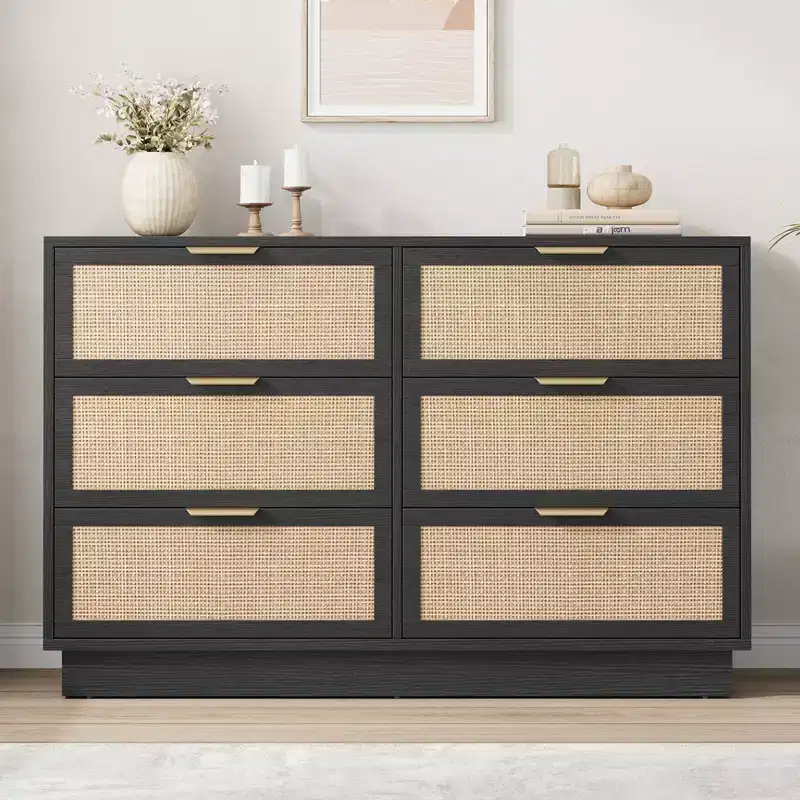 6 Drawer Rattan Dresser for Bedroom, Integrated Cabinet Body & Legs Design, Wooden Chest of Drawers for Hallways, Entryways and Closet, Easy Assembly