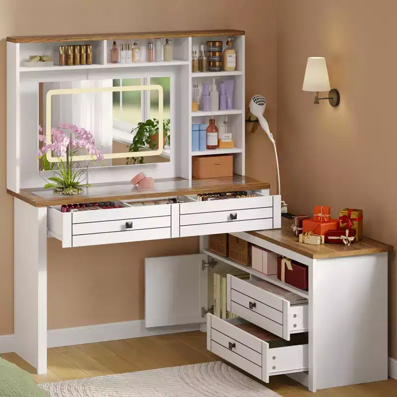 Vanity Desk with Glass Top & Charging Station, Touch Screen Mirror and Lights, Makeup Vanity with 5-Drawer, 6 Open Storage Shelves, Antique