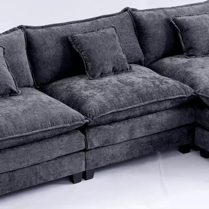 Chenille 3-Seat Sectional Sofa  Modular Deep Seat Sleeper Couch with Ottoman & Side Pocket