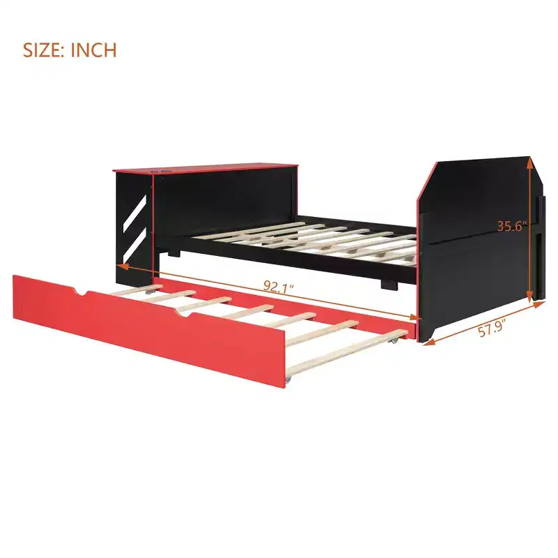 Full Size Daybed with Built-in Desk, USB Charging & Twin Trundle, Space-Saving Multifunctional Bed for Guest Room & Gaming