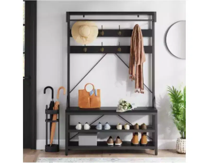 100CM Hall Tree with Shoe Bench, Metal + Particle Board,