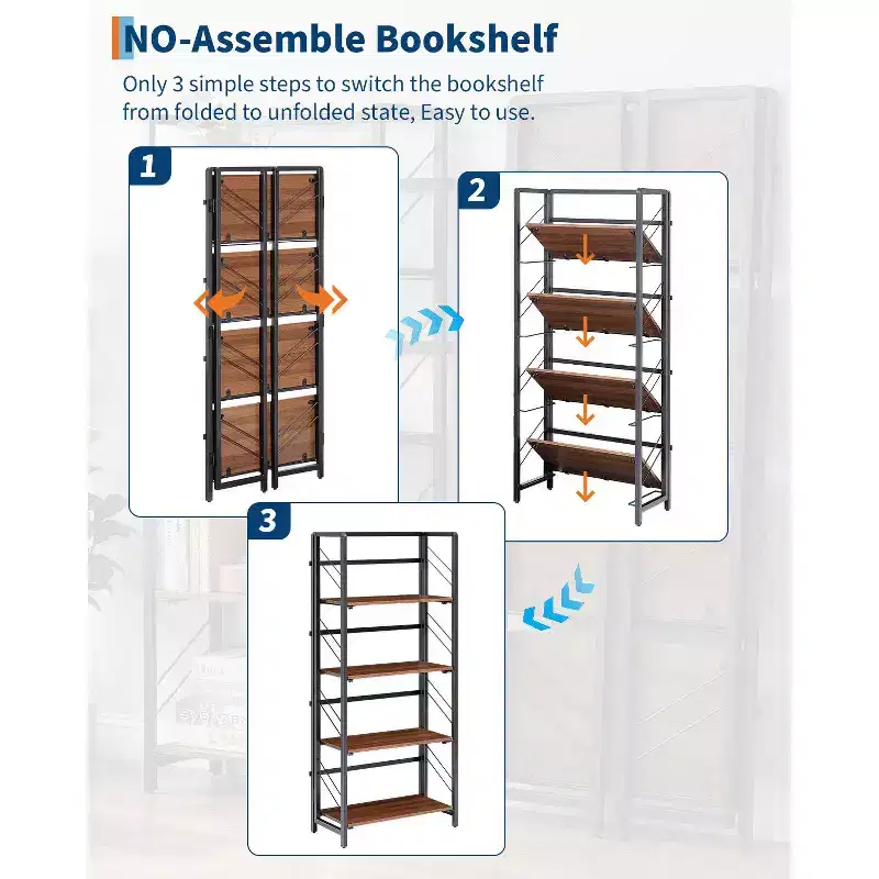No Assembly Needed - 4-Tier Folding Office Bookshelf - Vintage Bookcase Storage Rack - Sturdy Metal Frame, Space-Saving Organizer
