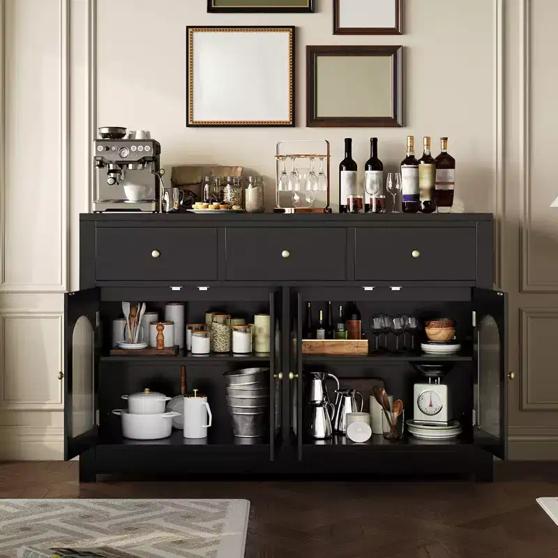 55 Sideboard Buffet Cabinet, Wood Coffee Bar Cabinet with Glass Door & 3 Drawers, Modern Media Console Table, Kitchen Pantry Cabinet