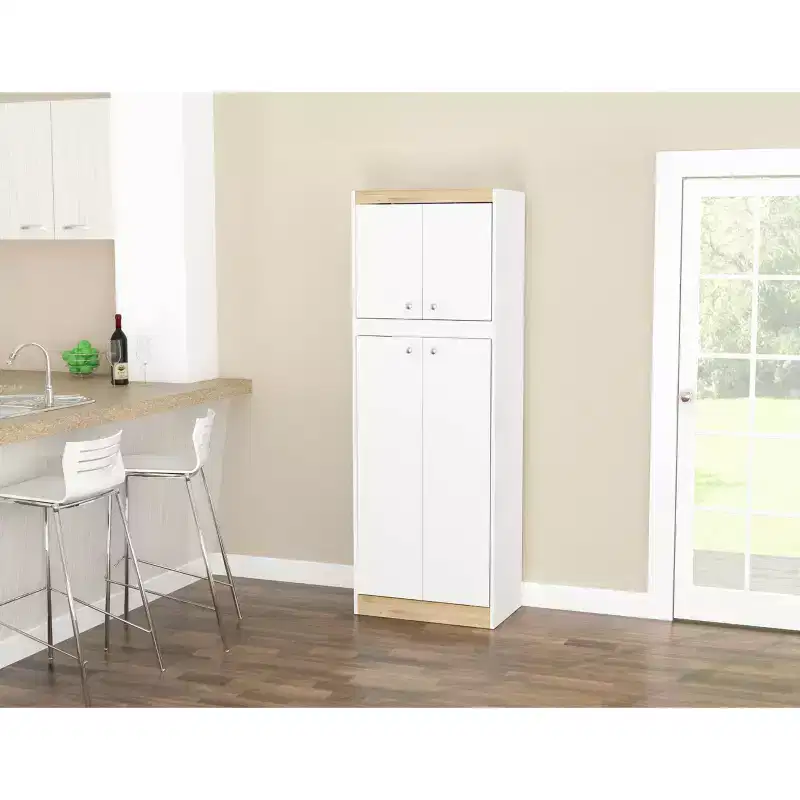 4 Doors Kitchen Storage Cabinet White/Oak - Inval: Modern Pantry with Adjustable Shelves