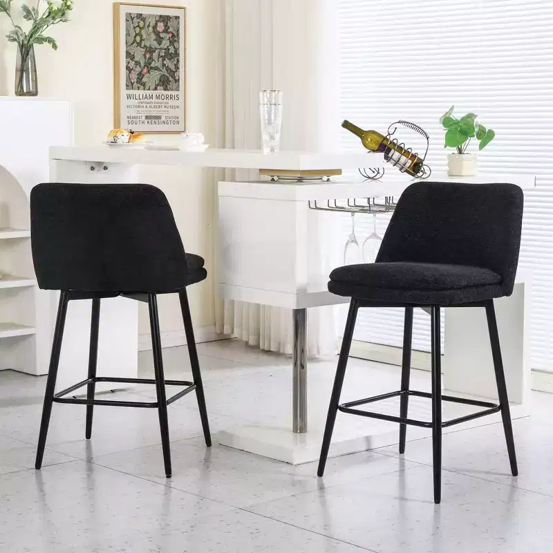 Set of 2 Counter Height Swivel Bar Stools 360 Swivel Upholstered 25.6in Seat Height Linen Cloth Black for Kitchen Island Pub