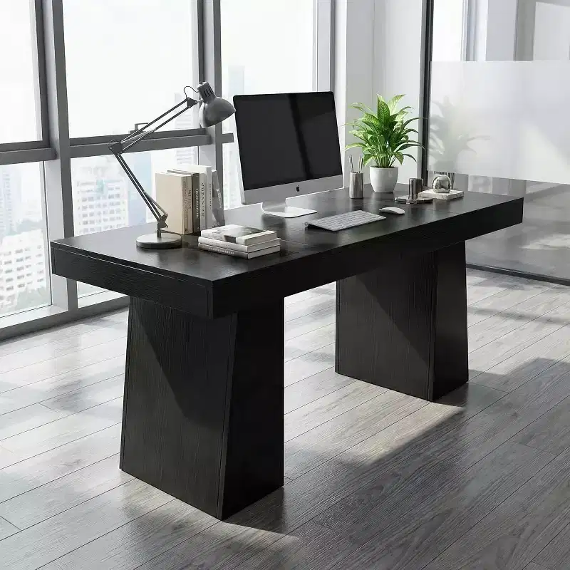 55 Mid-Century Modern Executive Desk, Wood with Double Trapezoid Base, Home Office Workstation, Business Furniture, Black