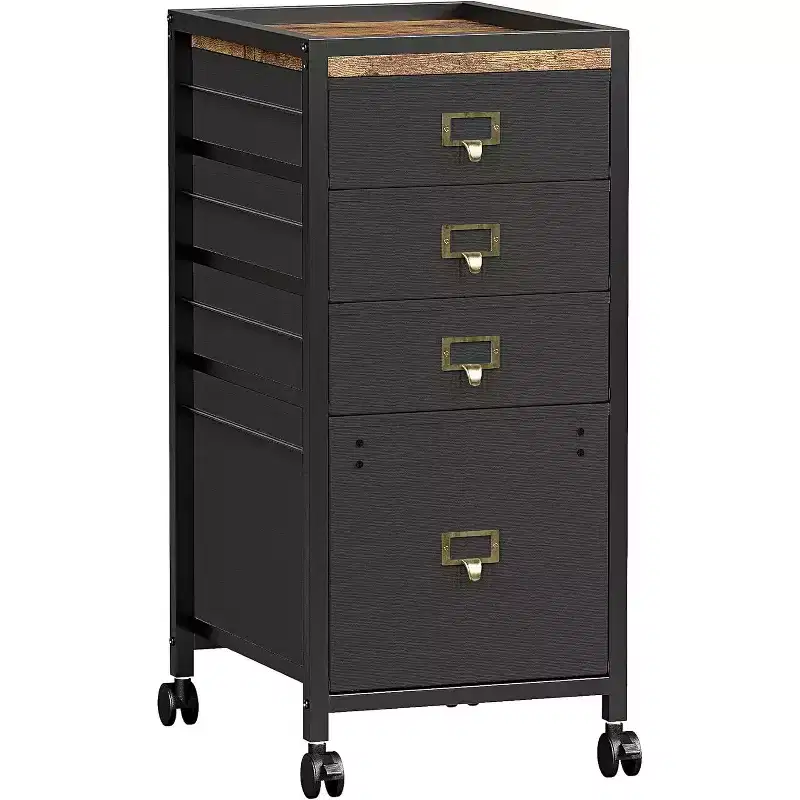 A Mobile Office Cabinet with 4 Drawers, a Roll-up File Organizer Under the Desk, Metal Handles and 4 Wheels, Measuring 66.5 x 30 x 37.5 cm, Black