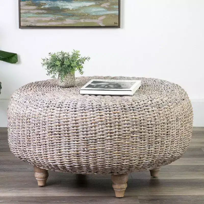 Round Abaca Woven Coffee Table, 35 Inch, Tan | Boho Farmhouse Living Room