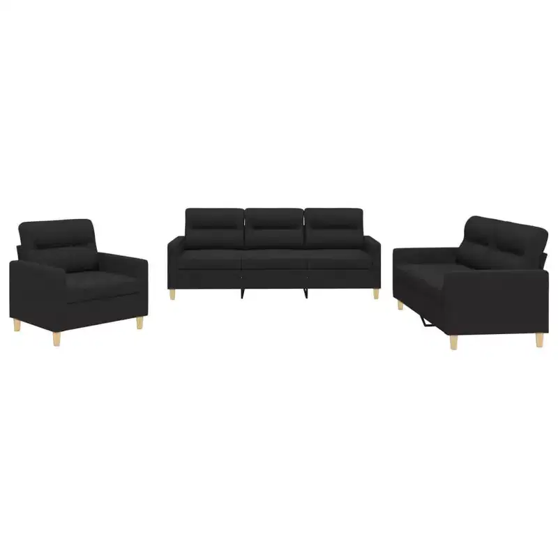 vidaXL 3 Piece Sofa Set with Cushions - Comfortable Black Fabric Furniture Set - Indoor/Outdoor Use - Easy to Clean and Assemble