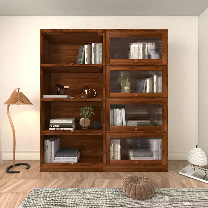 CLIHOME Bookcase Closed Back Glass Doors Office Storage Cabinet Freestanding Low Cabinet Bookcase Against Wall Dustproof Bookshelf