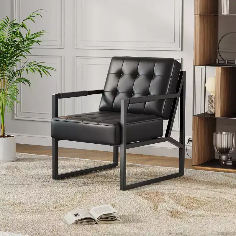 Mid Century Modern Accent Chair - PU Leather Upholstered Armchair, Thick Cushion Seat, Metal Frame, Retro Lounge Chair for Living Room,Bedroom,Office