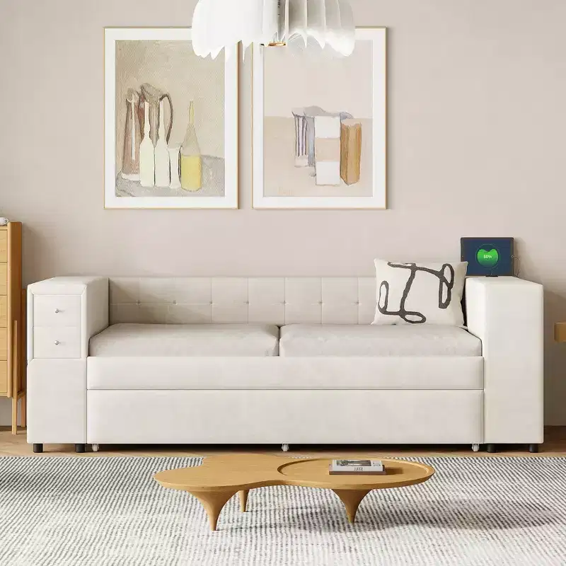 Upholstered Twin Size Daybed with Storage and Trundle, Velvet Sofa Bed Frame with USB Charging Ports for Living Room