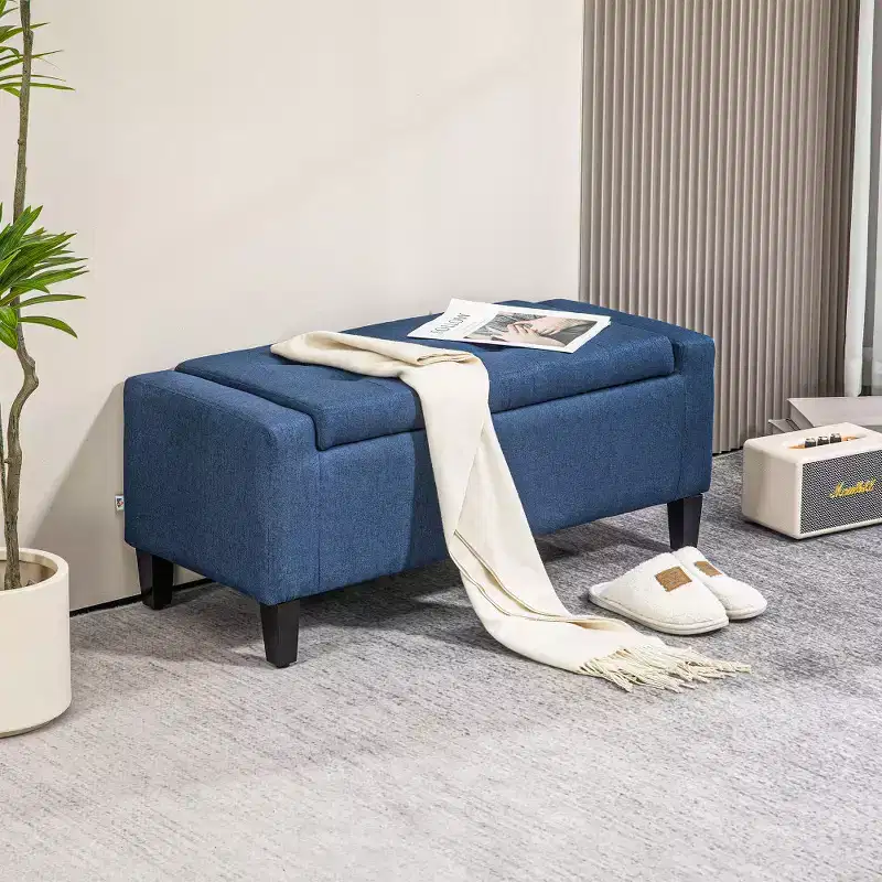 Zeus & Ruta Linen Tufted Lift-Top Storage Upholstered Storage Ottoman Bench for Living Room or Bedroom, Dark Blue