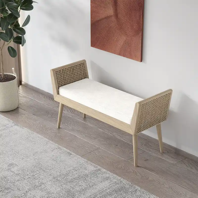 Aderyn Mid-Century Padded Bench with Raised Rattan Arms